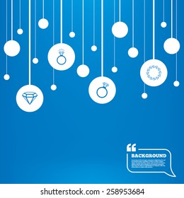 Circles background with lines. Rings icons. Jewelry with shine diamond signs. Wedding or engagement symbols. Icons tags hanged on the ropes. Vector