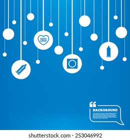 Circles background with lines. Safe sex love icons. Condom in package symbol. Fertilization or insemination. Heart sign. Icons tags hanged on the ropes. Vector