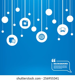 Circles background with lines. Social media icons. Chat speech bubble and world globe symbols. Hipster photo camera sign. Photo frames. Icons tags hanged on the ropes. Vector