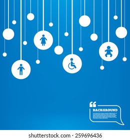 Circles background with lines. WC toilet icons. Human male or female signs. Baby infant or toddler. Disabled handicapped invalid symbol. Icons tags hanged on the ropes. Vector