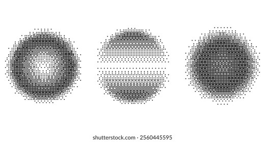 Circles with bitmap pixel effect. Round shapes with arcade game pattern texture. Y2k halftone vector texture with glow dither fade. Aesthetic gradient set with glitch abstract grain