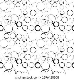 Circles blot ink-drawn seamless pattern. Black and white vector illustration.