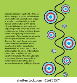 Circles blue, black, white, red are located along the wavy lines and place for your text on a green background