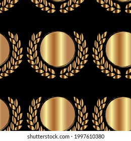 Círculos y ramas con hojas de una textura dorada sobre un fondo negro. Patrón de oro vectorial impecable.Absorción de moda de círculos, gran diseño para cualquier propósito. Diseño artístico.