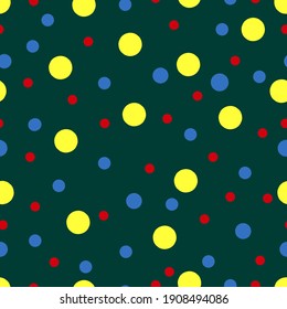The circles are bright yellow, red, and blue on a dark green background. The pattern is simple for textiles, fabrics, backgrounds, wallpaper, packaging paper, ceramics.