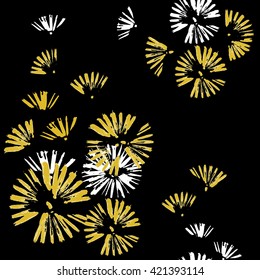 Circles of brush strokes. Seamless pattern with gold and white doodle circles randomly distributed on black  background. Flowers, dandelions, fireworks.