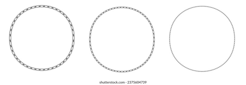 Circles from chains set. Round decoration connections with solid steel and silver for decorative interior with industrial vector tracery