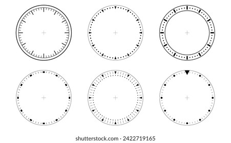 Círculos de relojería rostros por el tiempo. Marcado de la plantilla de reloj. Temporizador en blanco aislado.