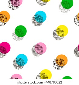 Circles colorful seamless pattern. Bright background. 80's - 90's years design style. Trendy.