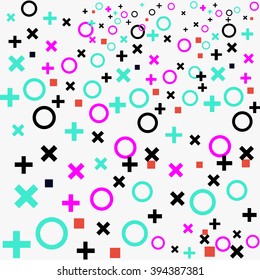 circles and crosses background. Abstract background. Trendy geometric elements memphis cards. Modern abstract design poster, cover, card design. primitive style. Simple shapes for your design.