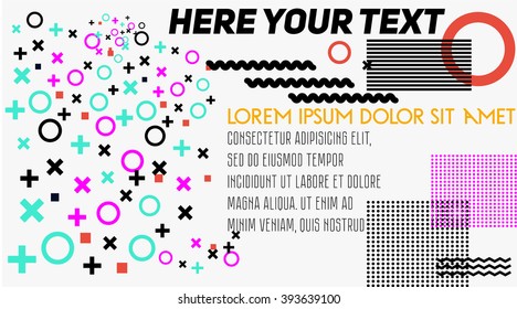 circles and crosses banner. Abstract banner. Banner of simple shapes. Trendy geometric elements memphis cards. Modern abstract design poster, cover, card design. primitive style