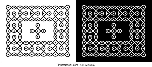 Circles, Curved Lines and 11X9 Dots - Indian Traditional and Cultural Rangoli, Alpona, Kolam or Paisley Vector Line art with Dark and White Background