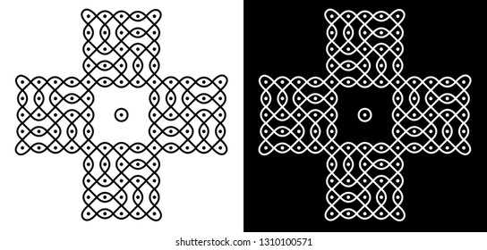 Circles, Curved Lines and 13X13 Dots - Indian Traditional and Cultural Rangoli, Alpona, Kolam or Paisley Vector Line art with Dark and White Background