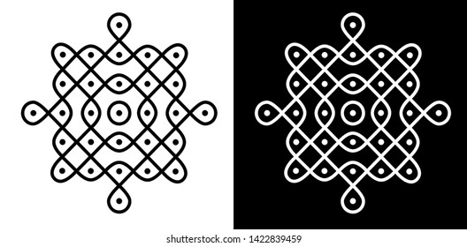 Circles, Curved lines and 7X7 dots - Indian Traditional and Cultural Rangoli, Alpona, Kolam or Paisley vector line art with dark and white background
