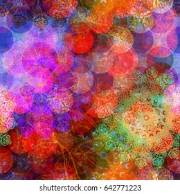 Circles, curved lines and decorative elements. Like grunge chain mail with ornament. Seamless background. Vector texture for fabric, wrapping, home decor.