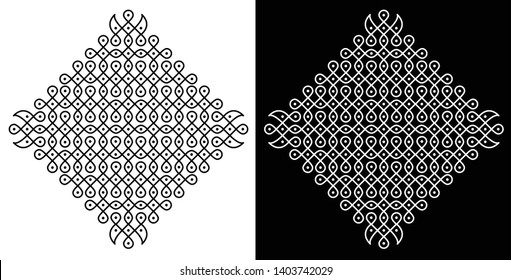Circles, Curved lines, Sharp corner and Dots - Indian Traditional and cultural Rangoli, Alpona, Kolam or Paisley vector line art with dark and white background