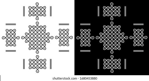 Circles, Curved lines, Sharp corner and Dots - Indian Traditional and cultural Rangoli vector line art with black and white background