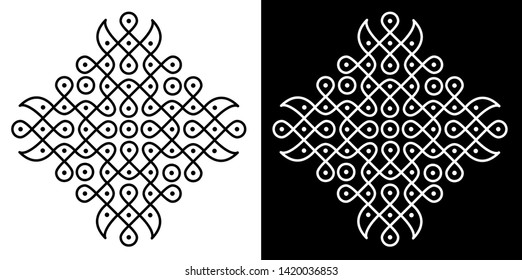 Circles, Curved lines, Sharp corners and 11X11 dots - Indian Traditional and cultural Rangoli, Alpona, Kolam or Paisley vector line art with dark and white background