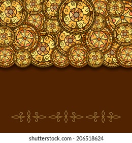 Circles with decorative swirls and shadow. Drawn by hand. Vector background in brown and gold colors.