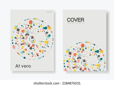 Schaltkreise Design-Elemente. Farbhalftonrahmen mit Kreismuster auf weißem Hintergrund. Vektorrahmen mit zufälligem Regenbogen-Farbverlauf. Broschüren-Titelvorlagen