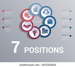 Circles diagram, data Elements Template infographics 7 positions. Coloured Rings are located on a circle with shade. Concept of successful start of project and realization. Dark background.