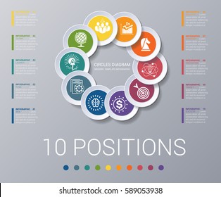 Circles diagram, data Elements For Template infographics 10 positions. Coloured circles are located on a circle with shade. Concept of successful start of project and realization