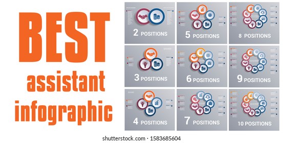 Circles diagram, data Elements Templates infographic 2,3,4,5,6,7,8,9,10 positions. Coloured Rings. Concept of successful start of project and realization. Dark background.