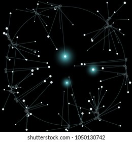 The circles of different diameters connected by lines. Suitable for illustration of block chain technology. Complex wireframe structure.