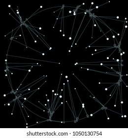 Los círculos de diferentes diámetros conectados por líneas. Idóneo para la ilustración de la tecnología de cadena de bloques. Estructura compleja del modelo de alambres.
