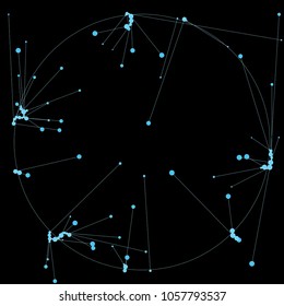 The circles of different diameters connected by lines. Suitable for illustration of block chain technology. Complex wireframe structure.