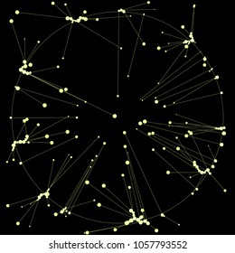 The circles of different diameters connected by lines. Suitable for illustration of block chain technology. Complex wireframe structure.