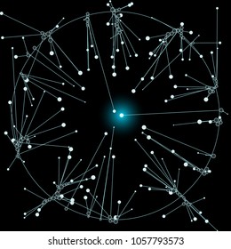 The circles of different diameters connected by lines. Suitable for illustration of block chain technology. Complex wireframe structure.