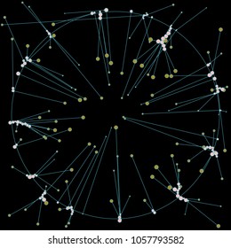 The circles of different diameters connected by lines. Suitable for illustration of block chain technology. Complex wireframe structure.