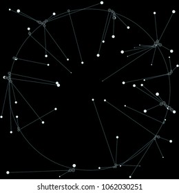 The circles of different diameters connected by lines. Suitable for illustration of block chain technology. Complex wireframe structure.