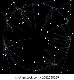 The circles of different diameters connected by lines. Suitable for illustration of block chain technology. Complex wireframe structure.
