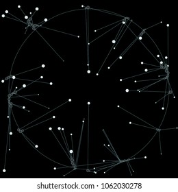 The circles of different diameters connected by lines. Suitable for illustration of block chain technology. Complex wireframe structure.