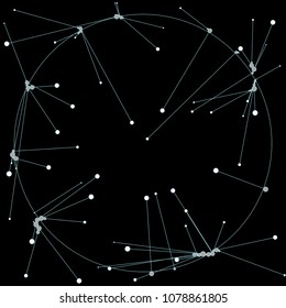 The circles of different diameters connected by lines. Suitable for illustration of block chain technology. Complex wireframe structure.