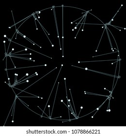 The circles of different diameters connected by lines. Suitable for illustration of block chain technology. Complex wireframe structure.