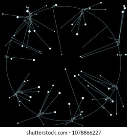 The circles of different diameters connected by lines. Suitable for illustration of block chain technology. Complex wireframe structure.
