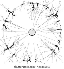 The circles of different diameters connected by lines. Template for creating infographic. Complex wireframe structure.