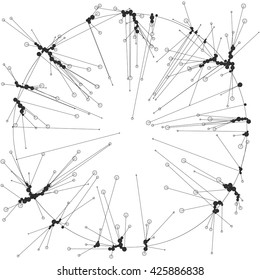 The circles of different diameters connected by lines. Template for creating infographic. Complex wireframe structure.