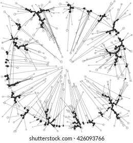 The circles of different diameters connected by lines. Template for creating infographic. Complex wireframe structure.