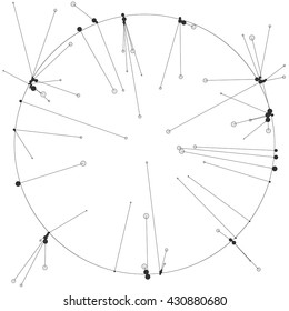 The circles of different diameters connected by lines. Template for creating infographics. Complex wireframe structure.