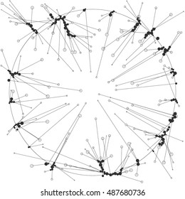 The circles of different diameters connected by lines. Template for creating infographic. Complex wireframe structure.