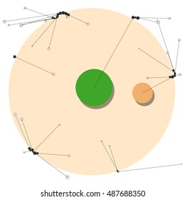The circles of different diameters connected by lines. Template for creating infographic. Complex wireframe structure.