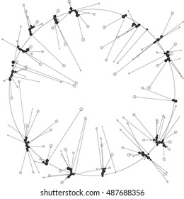 The circles of different diameters connected by lines. Template for creating infographic. Complex wireframe structure.