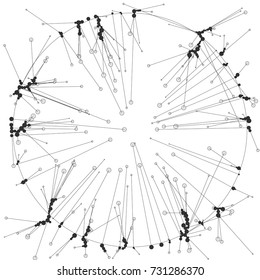 The circles of different diameters connected by lines. Template for creating infographic. Complex wireframe structure.