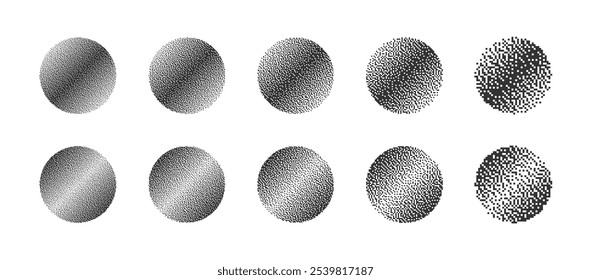 Circles With Different Resolution of Bitmap Dither Linear Gradient Vector Set Isolated On White Background. Retro 8 Bit Pixel Art Graphics Style Round Shapes with Various Textures Design Elements