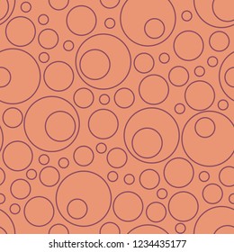 Circles of different sizes. Concentric circles. Seamless geometric pattern. Simple shapes. Abstract background. Contour of circles, without fill.Budgundy on orange.