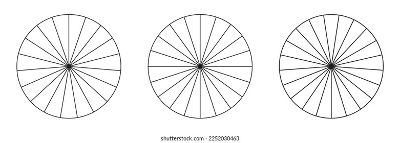 In 19,20,21 Segmente geteilte Kreise. Pizzas oder Kuchen, runde Formen, die in gleichen Scheiben geschnitten sind. Rahmenstil-Set. Einfache Diagrammsammlung.